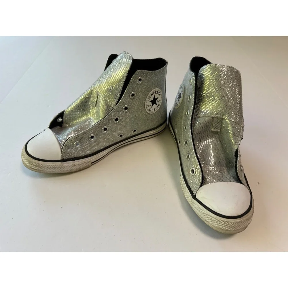 Sparkly Silver Converse All Star High Tops Chuck Taylors‎ Youth Size 3 No Laces